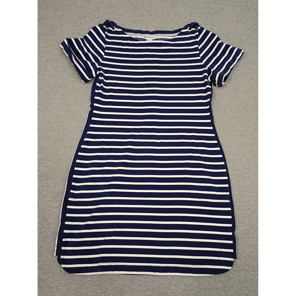 Tommy Bahama Nautical Navy White Striped Grommet Shoulder Shift Dress SW621438 S